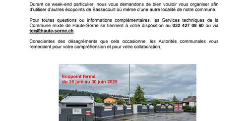 Ecopoint des « Grands Prés » Bassecourt - Avis de fermeture temporaire