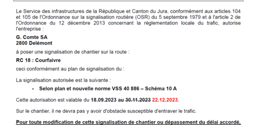 Autorisation pour la réalisation des travaux sur routes cantonales