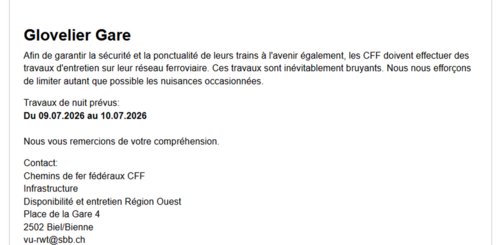 Avis de travaux - Glovelier Gare