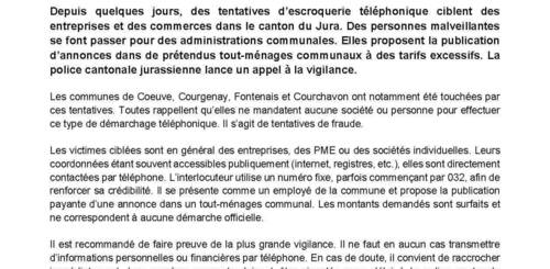Tentatives d'arnaques téléphoniques au nom de communes jurassiennes