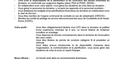 Mise au concours - Responsable du domaine des réseaux souterrains (F/H) à 80%-100%