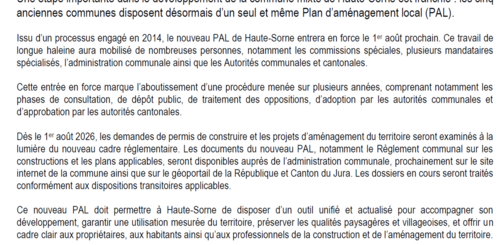 Le nouveau plan d’aménagement local de Haute-Sorne entre en force le 1er août 2026