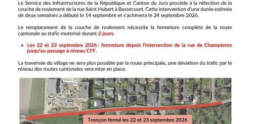 Avis de travaux - Rue St-Hubert à Bassecourt