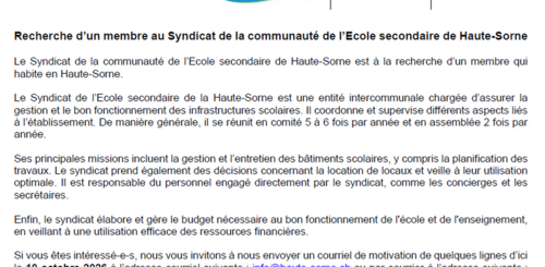 Recherche d’un membre au Syndicat de la communauté de l’Ecole secondaire de Haute-Sorne
