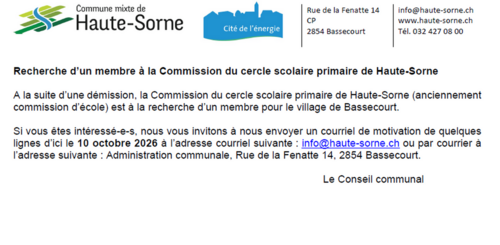 Recherche d’un membre à la Commission du cercle scolaire primaire de Haute-Sorne