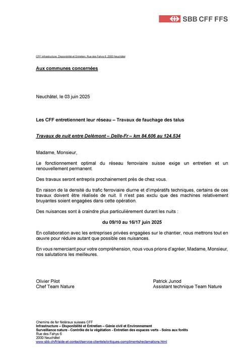 Travaux de fauchage des talus - Annonce de bruit