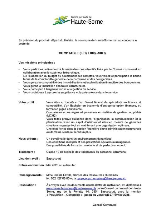 Mise au concours - Comptable (F/H) à 80%-100%