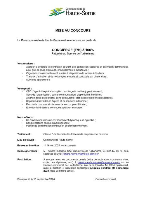 Mise au concours - Concierge (F/H) à 100%