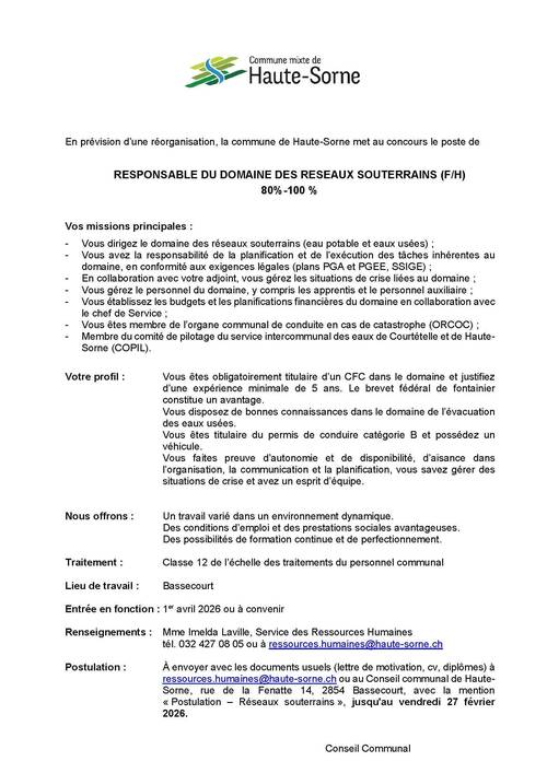 Mise au concours - Responsable du domaine des réseaux souterrains (F/H) à 80%-100%