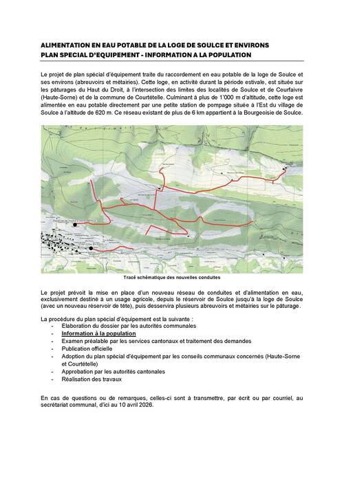 alimentation en eau potable de la loge de soulce et environs plan special d’equipement - information a la population
