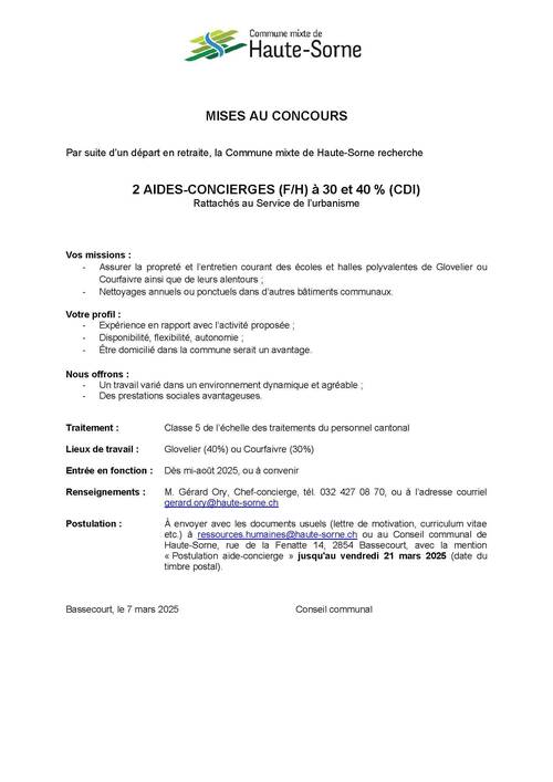 2 AIDES-CONCIERGES (F/H) à 30 et 40 % (CDI)