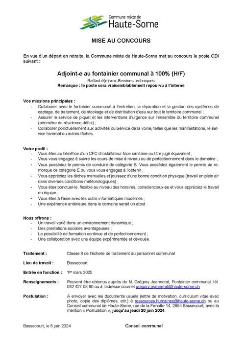 Adjoint-e au fontainier communal à 100% (H/F)
