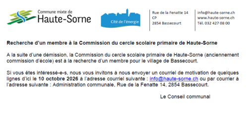 Recherche d’un membre à la Commission du cercle scolaire primaire de Haute-Sorne